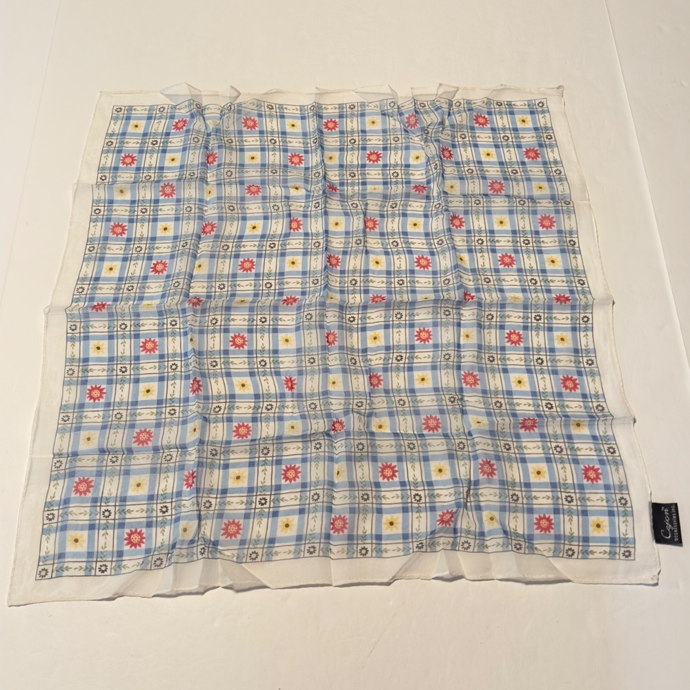 Cejon Accessories Blue Plaid Floral Silk Square Scarf Necktie Bandana Vintage